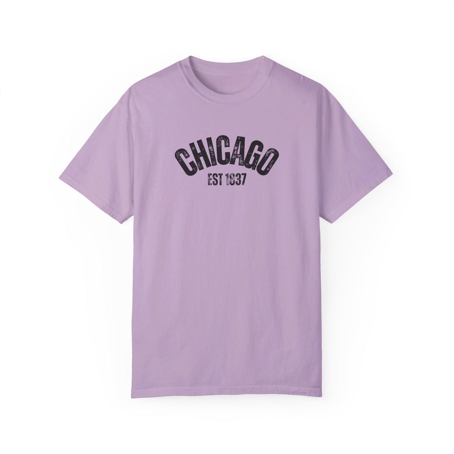 CHICAGO Funky Illustration of the Chicago Skyline on Back Grunge Chicago Logo on Front | Comfort Colors | Unisex Garment-Dyed T-shirt