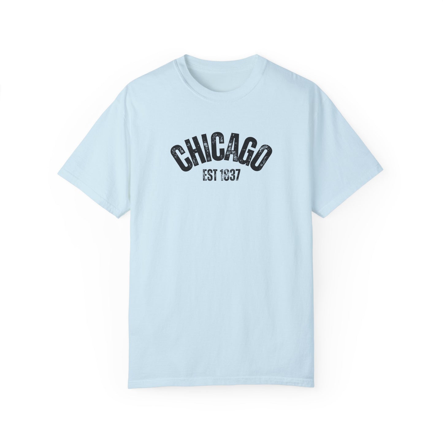 CHICAGO Funky Illustration of the Chicago Skyline on Back Grunge Chicago Logo on Front | Comfort Colors | Unisex Garment-Dyed T-shirt