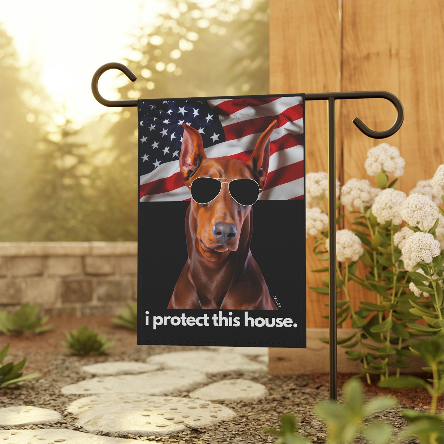 Red Doberman Flag, Garden Flag, I Protect This House, Patriotic, USA, United States, American, House Flag, Banner, Printed Both Sides