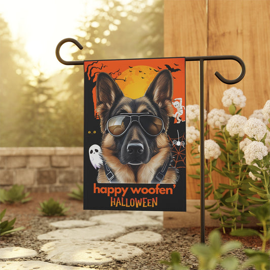 German Shepherd Flag, Garden Flag, Happy Woofen' Halloween, House Flag, Banner, Printed Both Sides