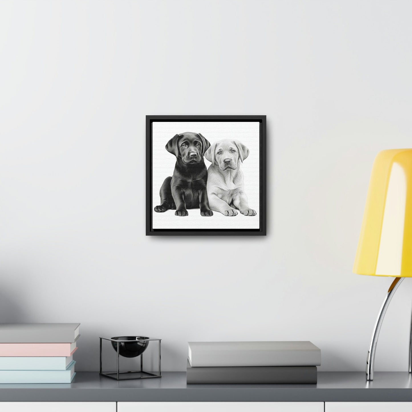 Labradors Black and Yellow Puppies with White Background Framed Canvas