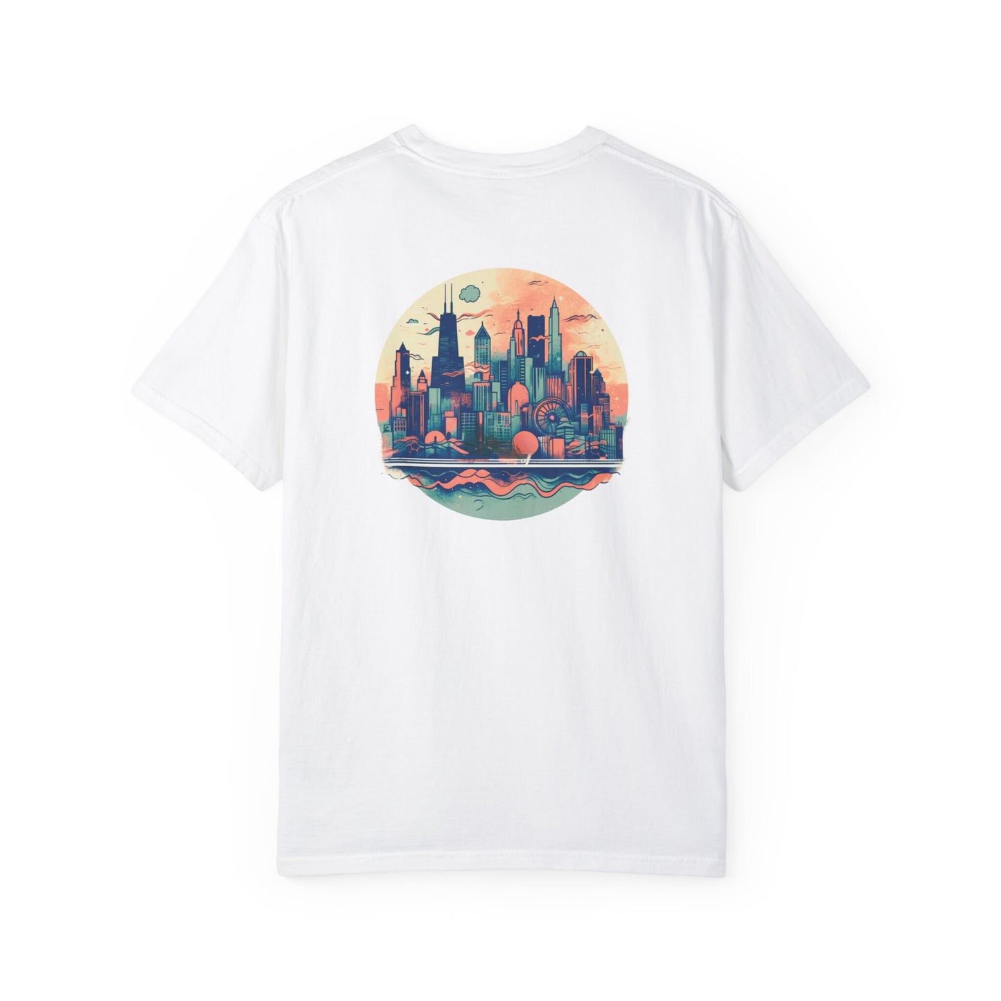 CHICAGO Funky Illustration of the Chicago Skyline on Back Grunge Chicago Logo on Front | Comfort Colors | Unisex Garment-Dyed T-shirt