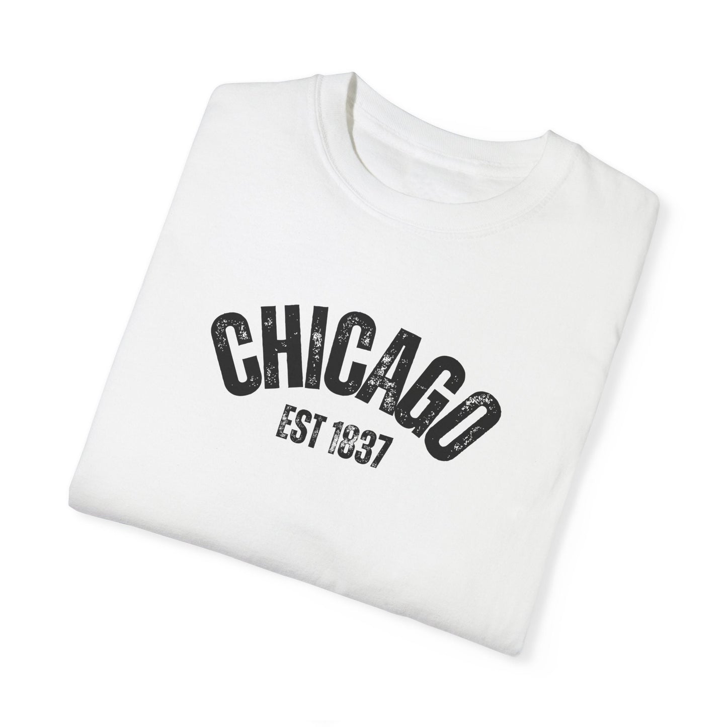 CHICAGO Funky Illustration of the Chicago Skyline on Back Grunge Chicago Logo on Front | Comfort Colors | Unisex Garment-Dyed T-shirt