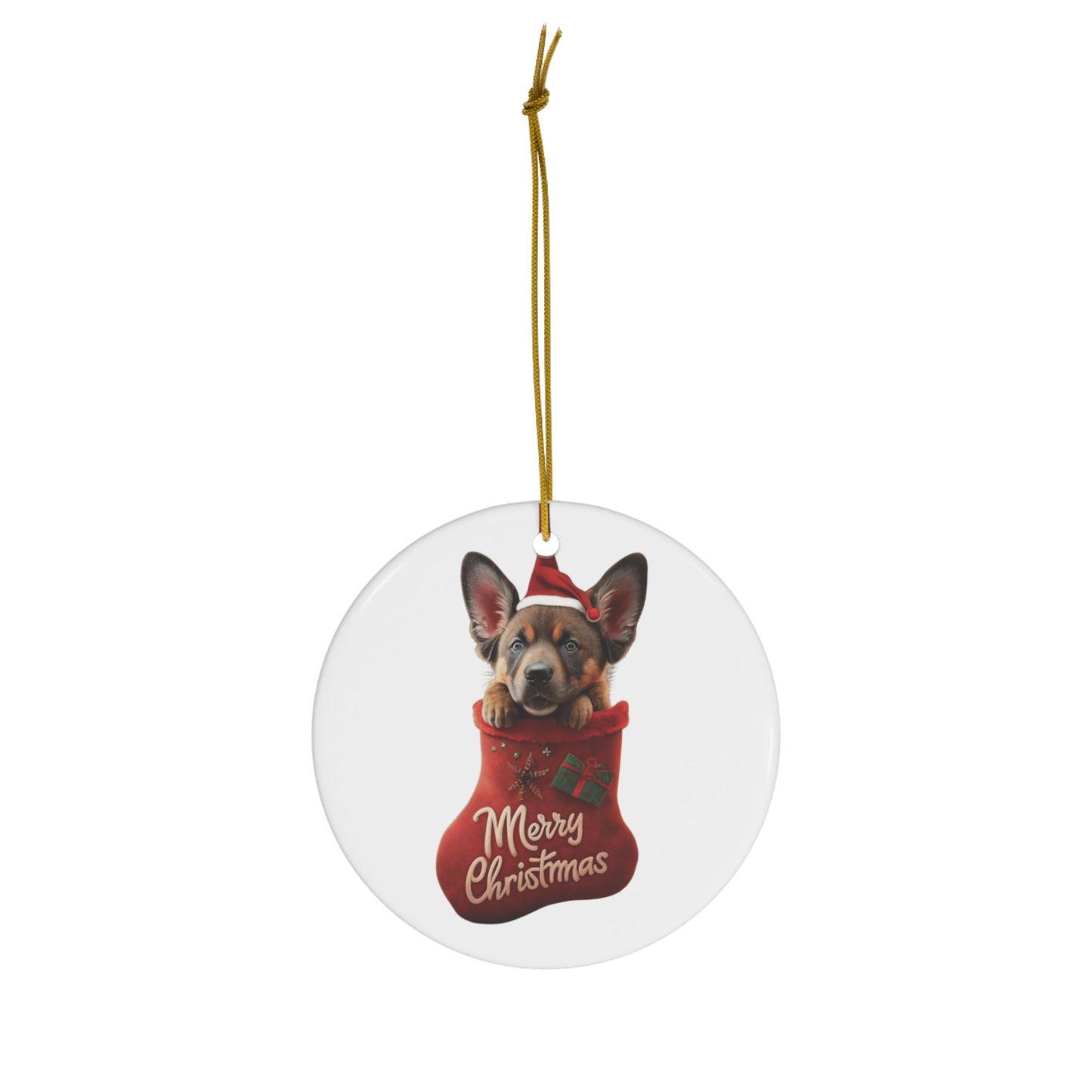 German Shepherd Puppy in Stocking with Santa Hat | Ceramic Ornament, Circle (white background)