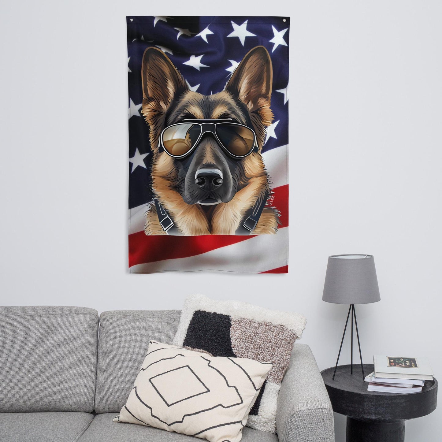 German Shepherd in Aviator Glasses w USA Flag Background 36" x 60" Flag