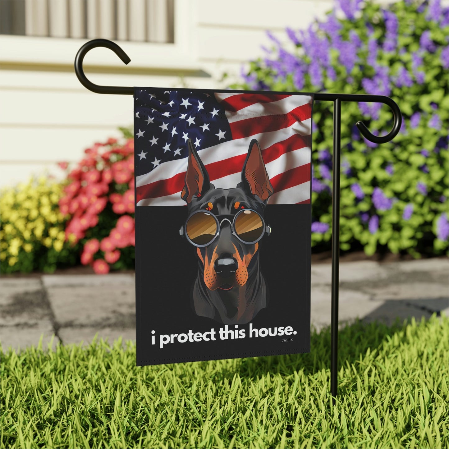 Doberman Flag, Garden Flag, I Protect This House, Patriotic, USA, United States, American, House Flag, Banner, Printed Both Sides