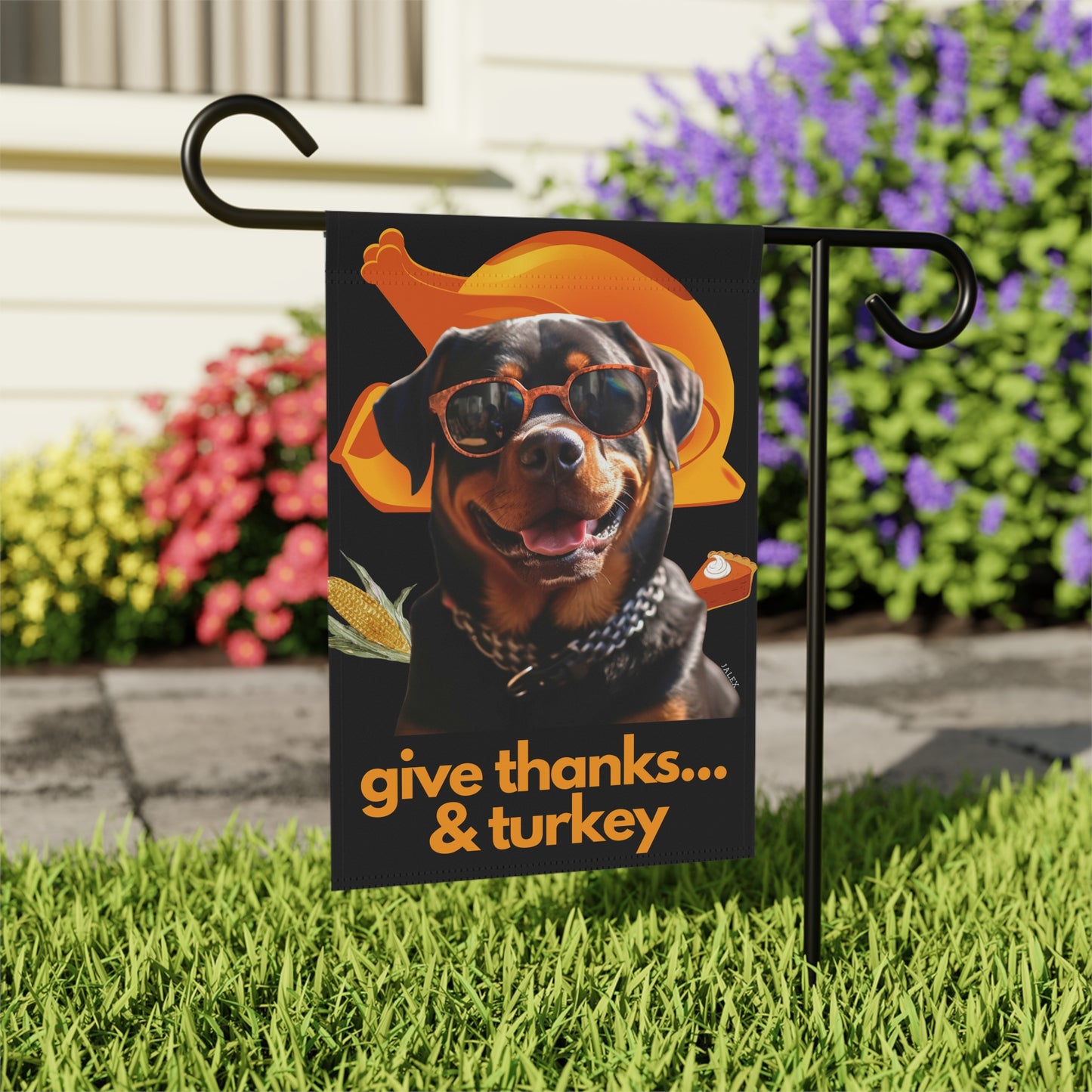 Rottweiler Flag, Garden Flag, Give Thanks & Turkey, House Flag, Banner, Printed Both Sides