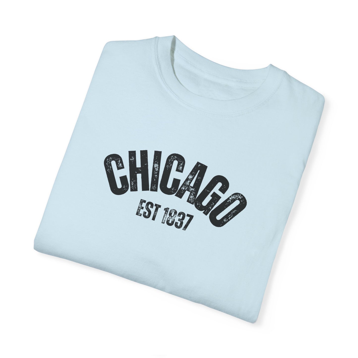 CHICAGO Funky Illustration of the Chicago Skyline on Back Grunge Chicago Logo on Front | Comfort Colors | Unisex Garment-Dyed T-shirt