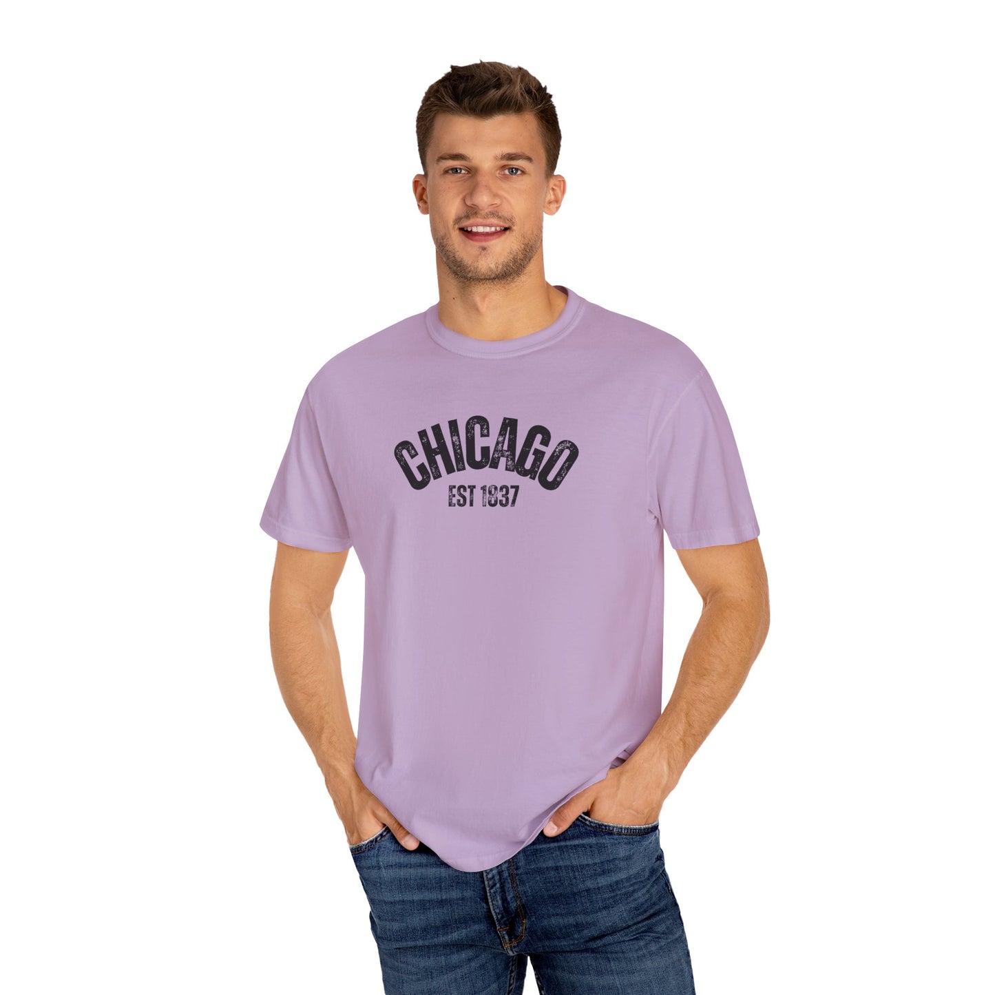 CHICAGO Funky Illustration of the Chicago Skyline on Back Grunge Chicago Logo on Front | Comfort Colors | Unisex Garment-Dyed T-shirt