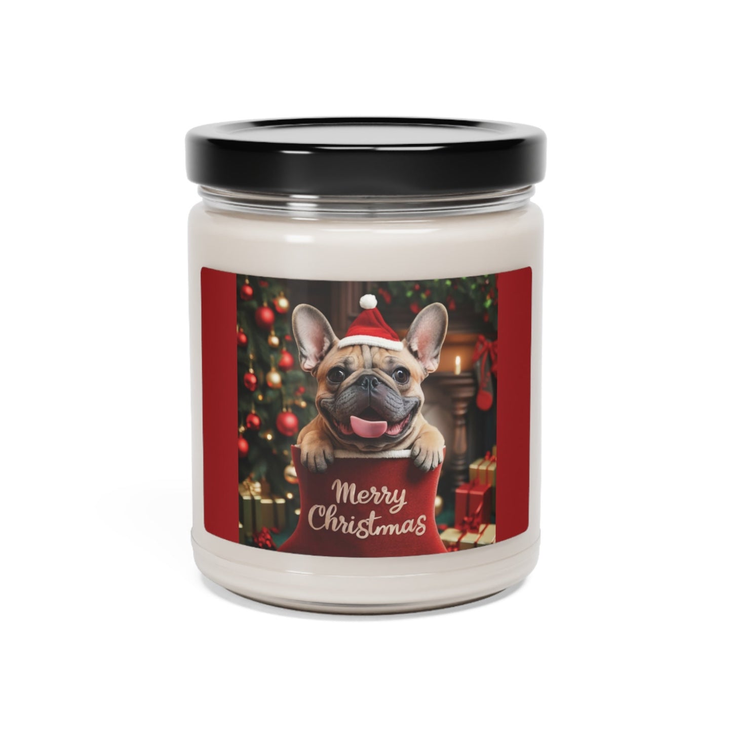 Cute French Bulldog Puppy in Red Stocking and Santa Hat "Merry Christmas" | Gifts for Dog Owners | Scented Soy Candle, 9oz