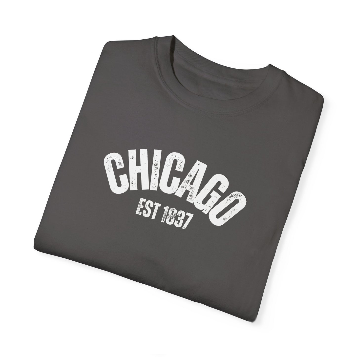 CHICAGO Funky Illustration of the Chicago Skyline on Back Grunge Chicago Logo on Front | Comfort Colors | Unisex Garment-Dyed T-shirt