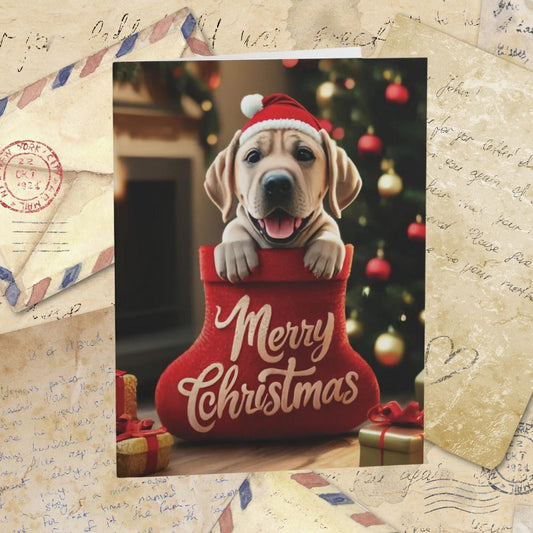 Labrador Retriever Cute Puppy in Stocking "Merry Christmas" | Greeting cards (8, 16, and 24 pcs)