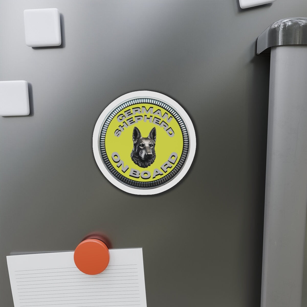 German Shepherd "ON BOARD" | Yellow | Metal Looking Badge | Die-Cut Magnet