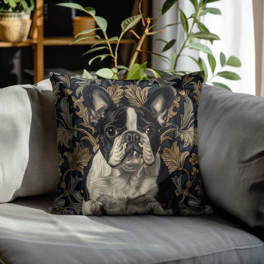 French Bulldog Black and White William Morris Style Gift Dog Lover Spun Polyester Square Pillow