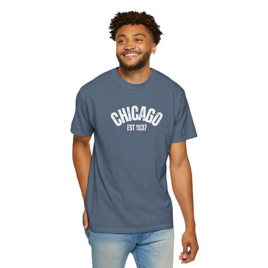 CHICAGO Funky Illustration of the Chicago Skyline on Back Grunge Chicago Logo on Front | Comfort Colors | Unisex Garment-Dyed T-shirt