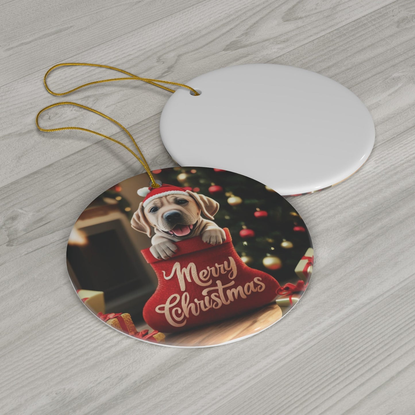 Labrador Retriever Puppy in Stocking with Santa Hat | Ceramic Ornament, Circle