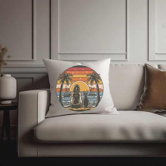 German Shepherd with Woman Palm Trees Sunset Beach Retro Vintage Square Pillow | Gifts for Dog Lovers