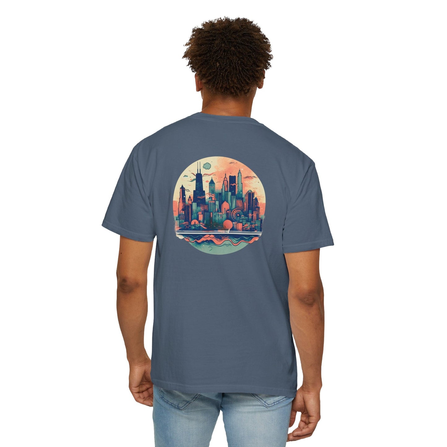 CHICAGO Funky Illustration of the Chicago Skyline on Back Grunge Chicago Logo on Front | Comfort Colors | Unisex Garment-Dyed T-shirt