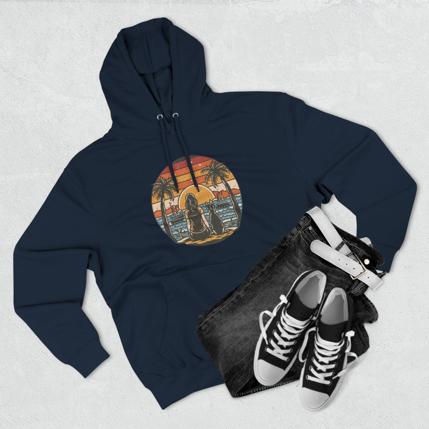 German Shepherd with Woman Palm Trees Ocean Sunset Retro Vintage Hoodie | Unisex Premium Pullover Hoodie | Gifts for Dog Lovers