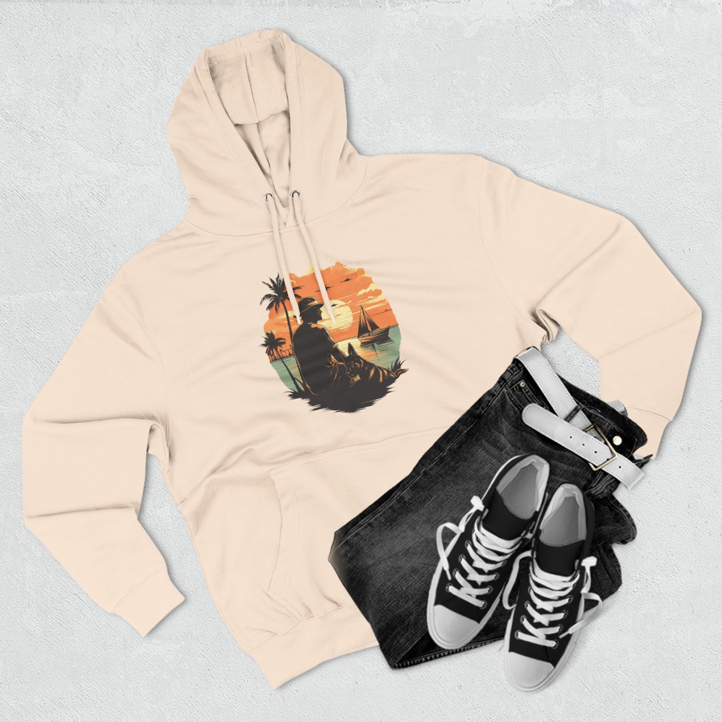 German Shepherd with Man Palm Trees Ocean Sunset Retro Vintage Hoodie | Unisex Premium Pullover Hoodie | Gifts for Dog Lovers