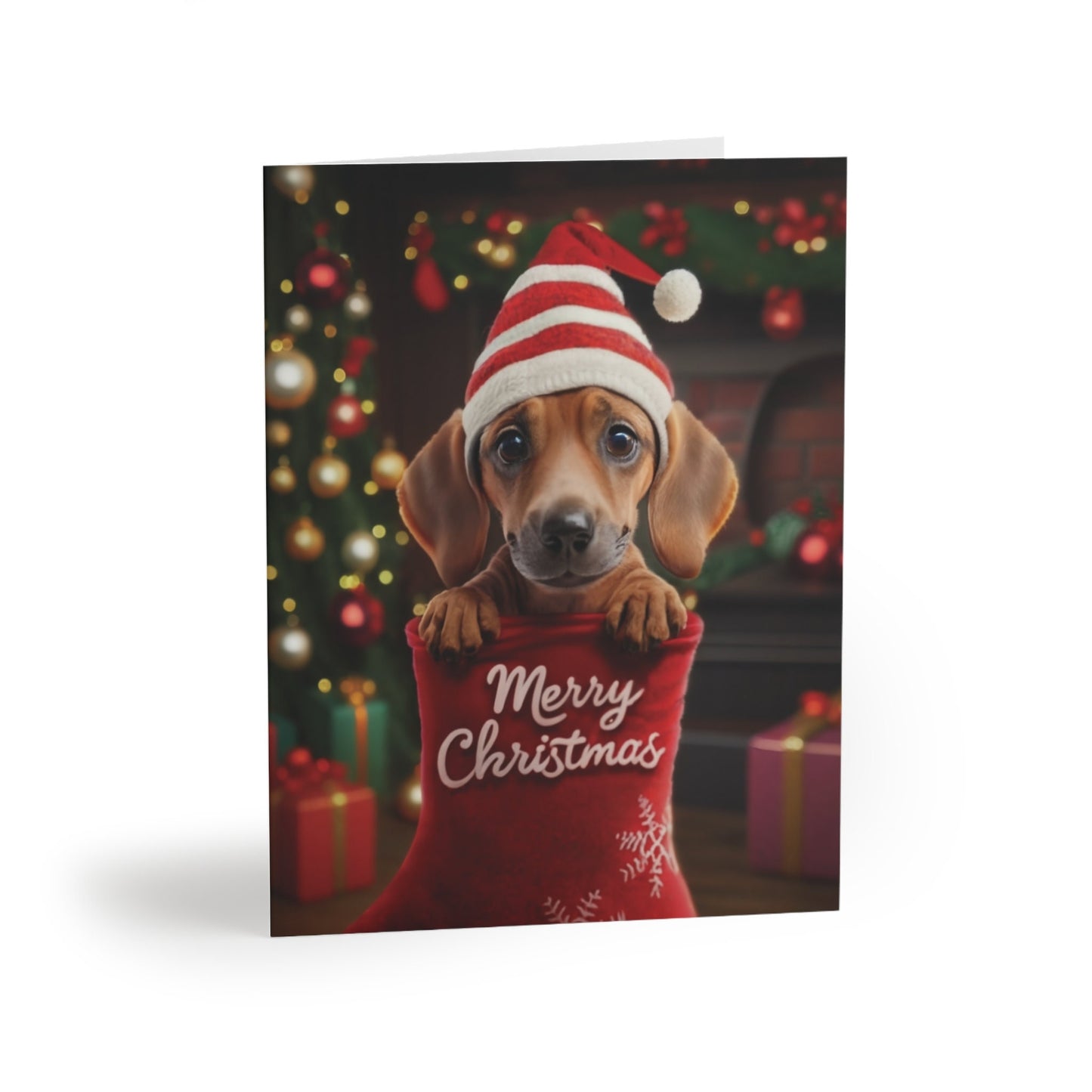 Dachshund Cute Puppy in Stocking "Merry Christmas" | Greeting cards (8, 16, and 24 pcs)