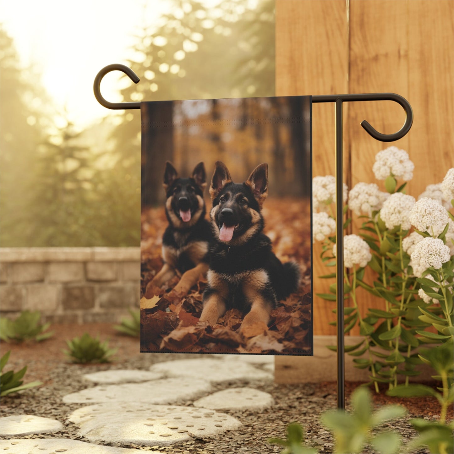 German Shepherd Puppies Playing in Fall Leaves Garden Flag, House Flag, Banner, Printed Both Sides