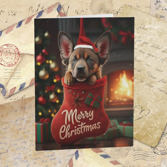 German Shepherd Cute Puppy in Stocking "Merry Christmas" | Greeting cards (8, 16, and 24 pcs)