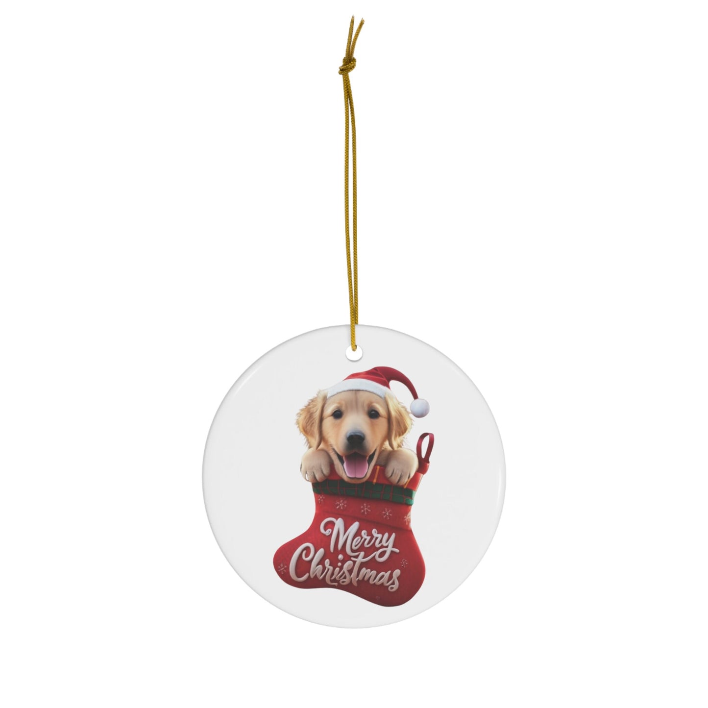 Golden Retriever Puppy in Stocking with Santa Hat | Ceramic Ornament, Circle (white background)