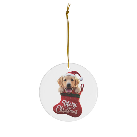 Golden Retriever Puppy in Stocking with Santa Hat | Ceramic Ornament, Circle (white background)