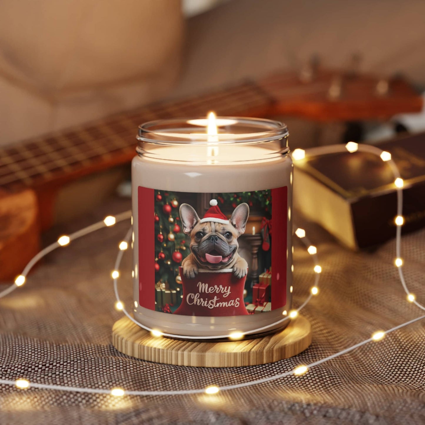 Cute French Bulldog Puppy in Red Stocking and Santa Hat "Merry Christmas" | Gifts for Dog Owners | Scented Soy Candle, 9oz