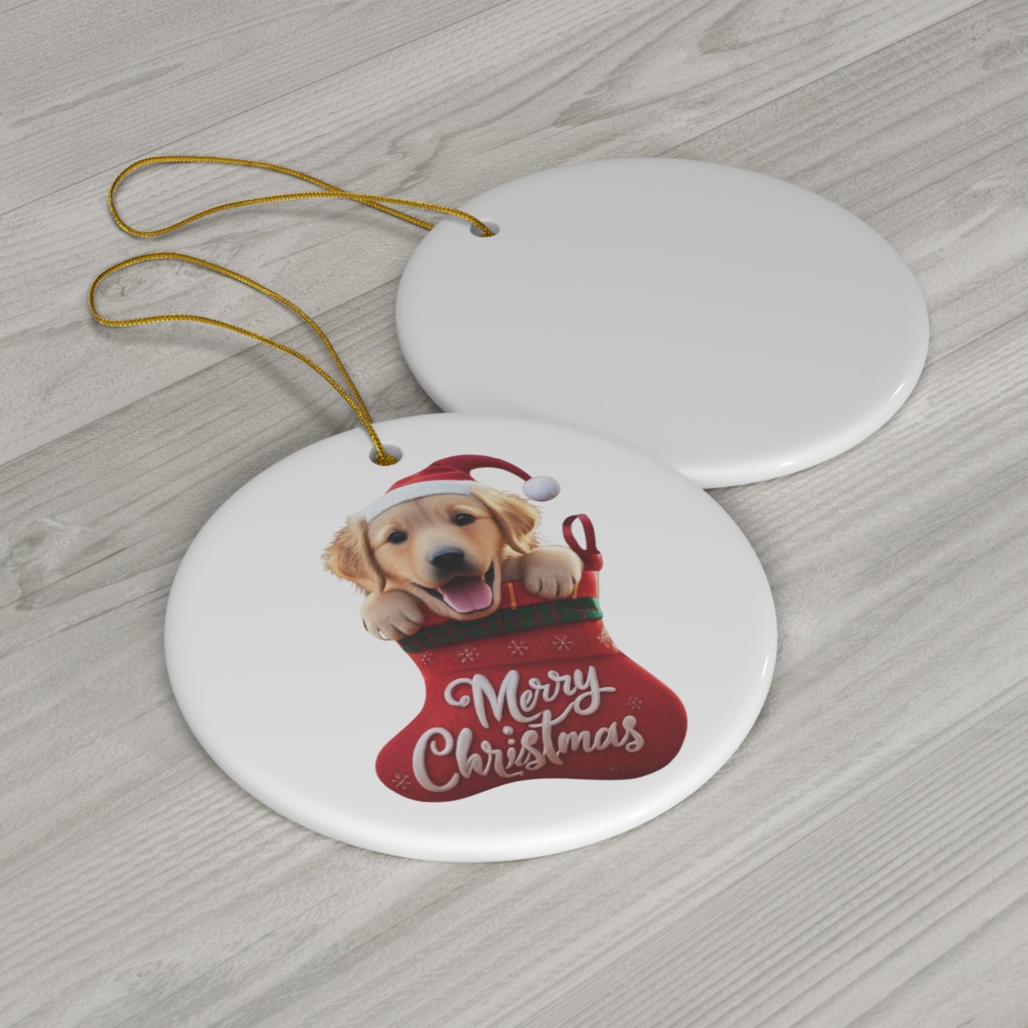 Golden Retriever Puppy in Stocking with Santa Hat | Ceramic Ornament, Circle (white background)