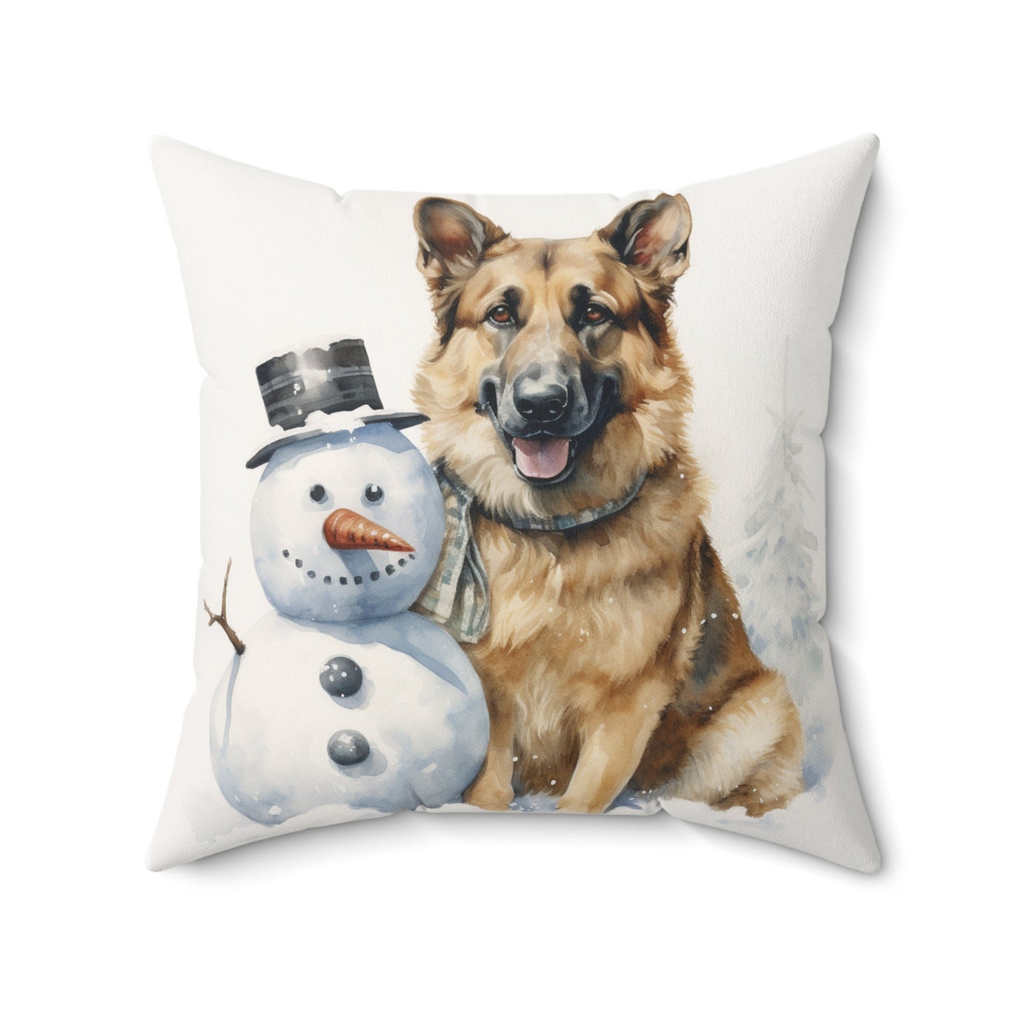 German Shepherd and Snowman Watercolor Pillow