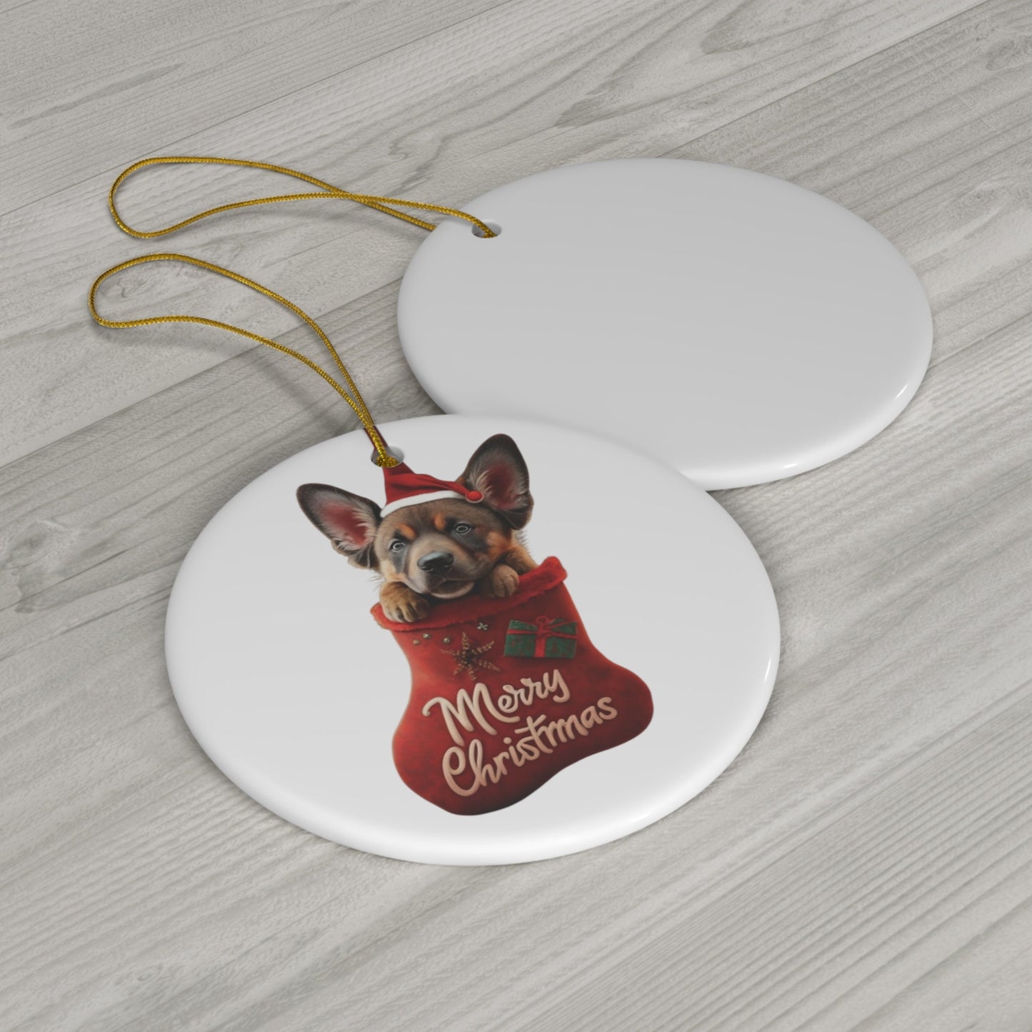 German Shepherd Puppy in Stocking with Santa Hat | Ceramic Ornament, Circle (white background)