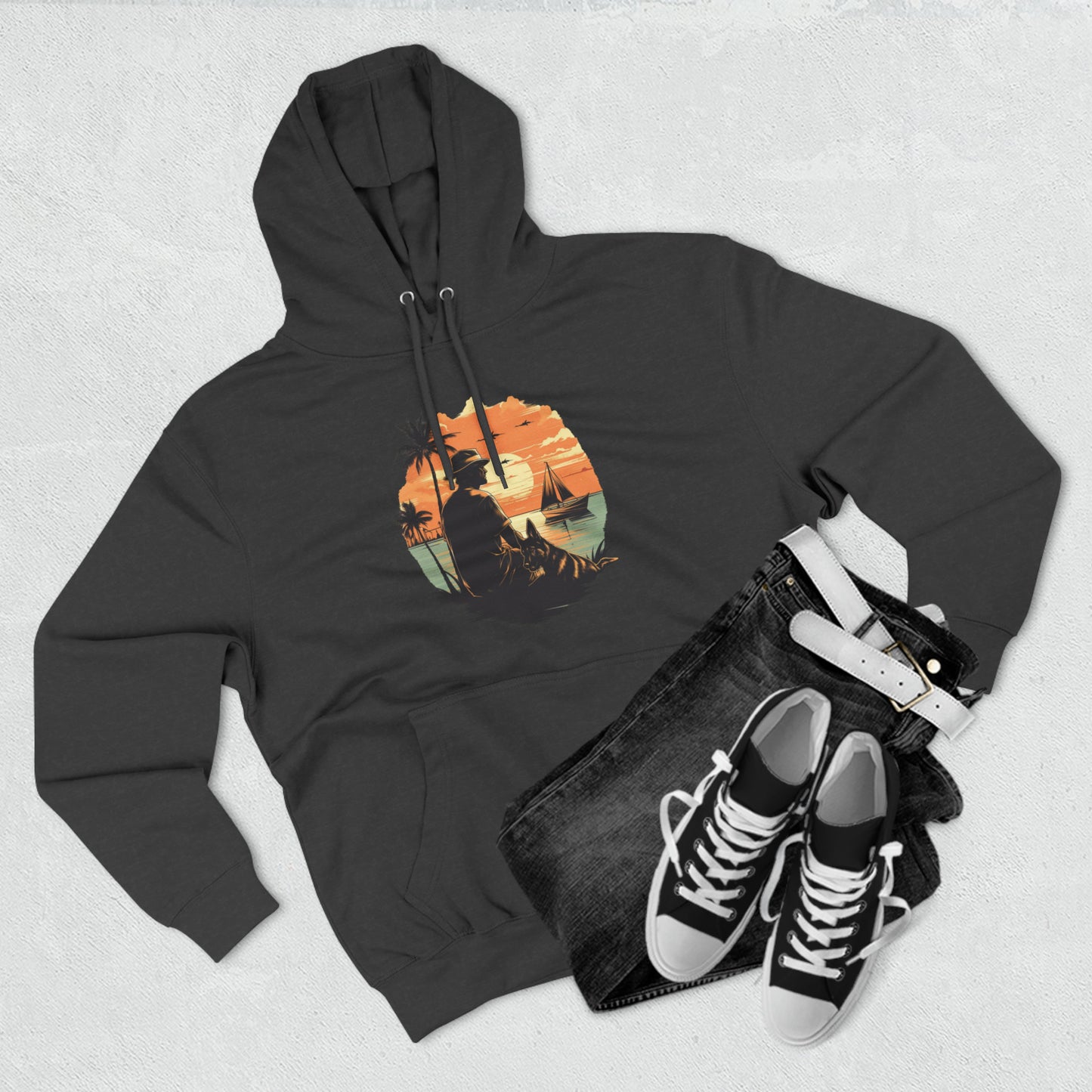 German Shepherd with Man Palm Trees Ocean Sunset Retro Vintage Hoodie | Unisex Premium Pullover Hoodie | Gifts for Dog Lovers