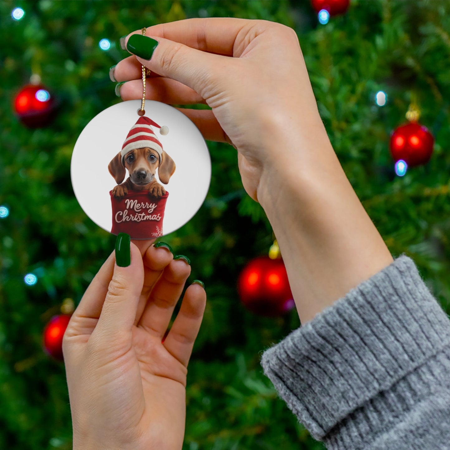 Dachshund Puppy in Stocking with Santa Hat | Ceramic Ornament, Circle (white background)