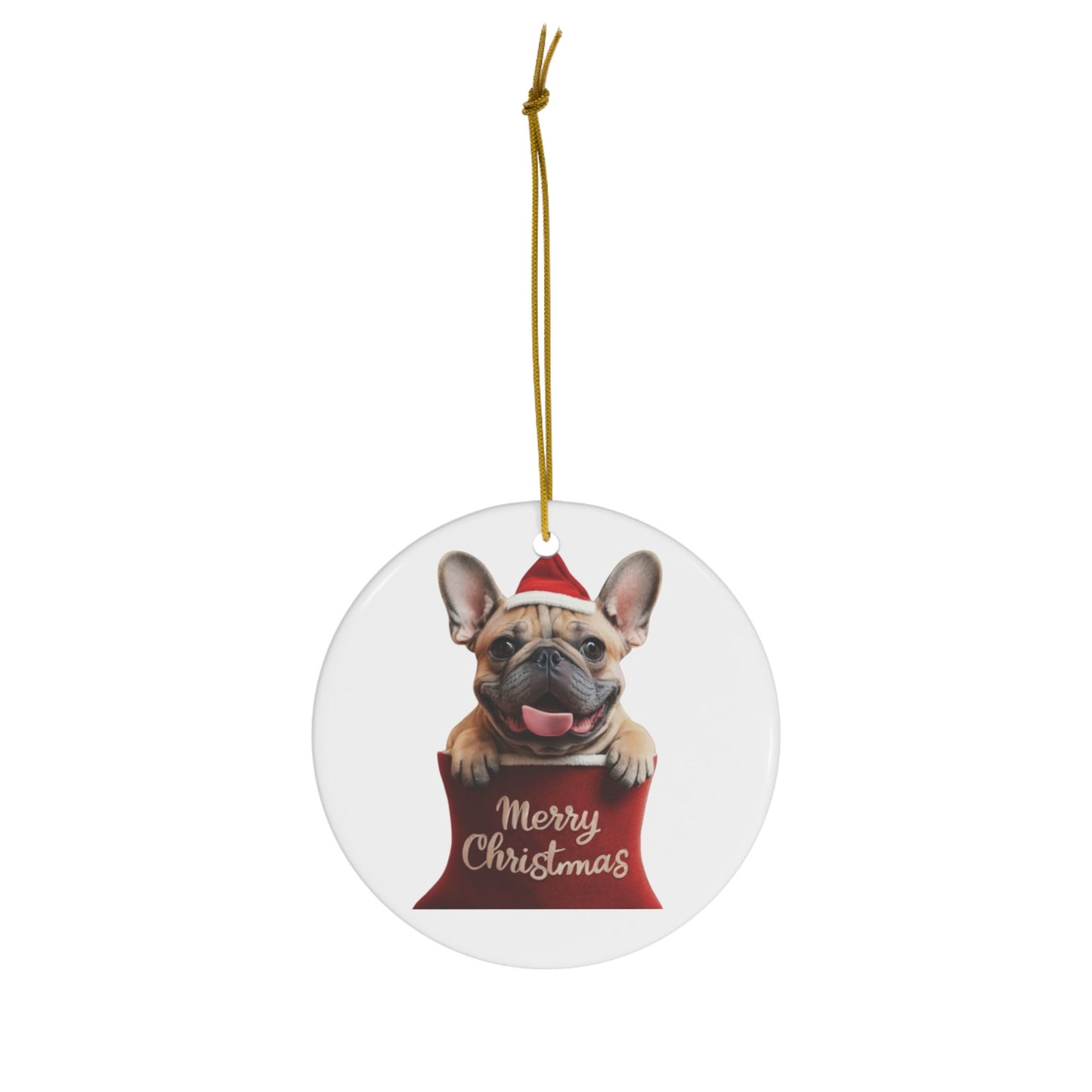 French Bulldog Puppy in Stocking with Santa Hat | Ceramic Ornament, Circle (white background)