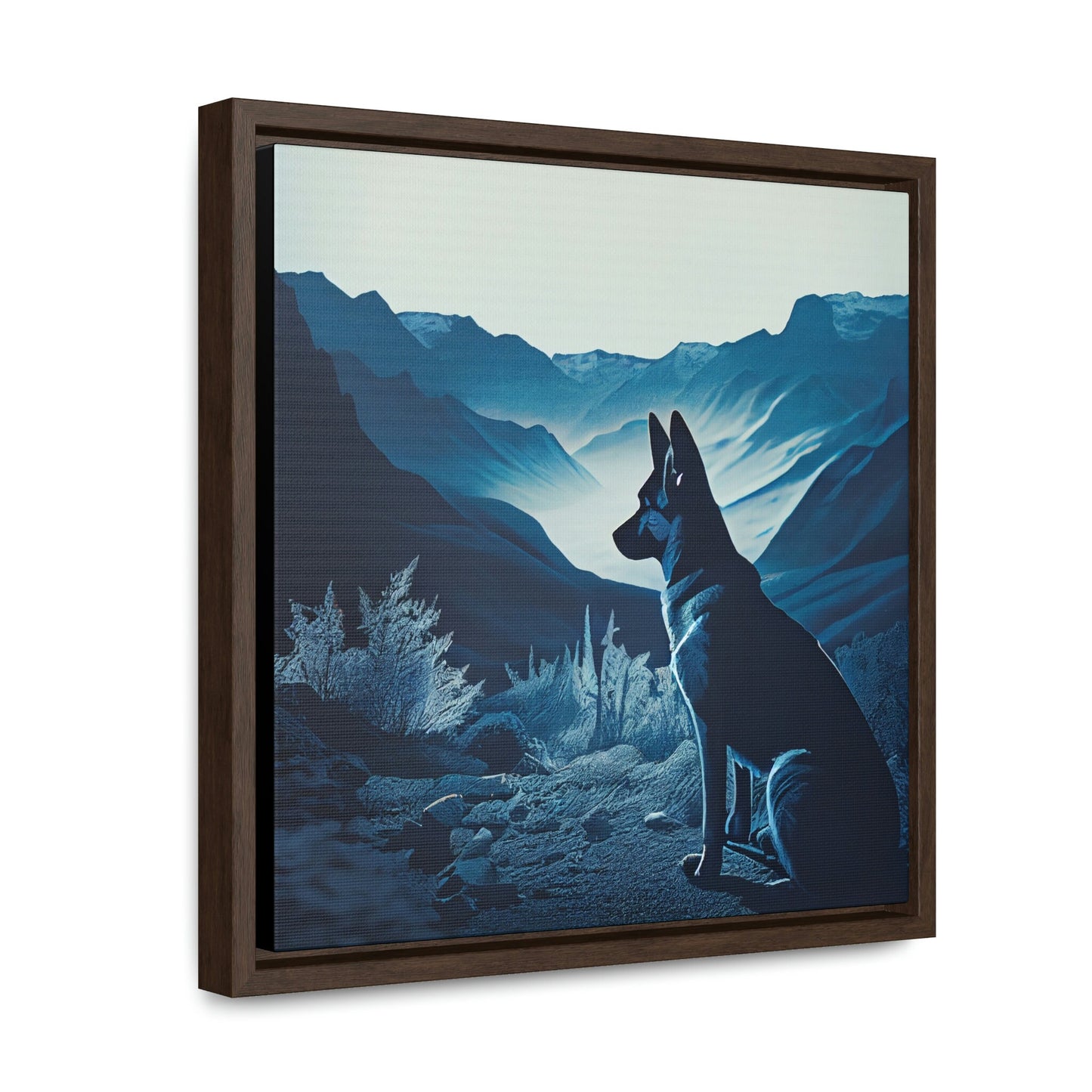 German Shepherd Blue Landscape Framed Canvas