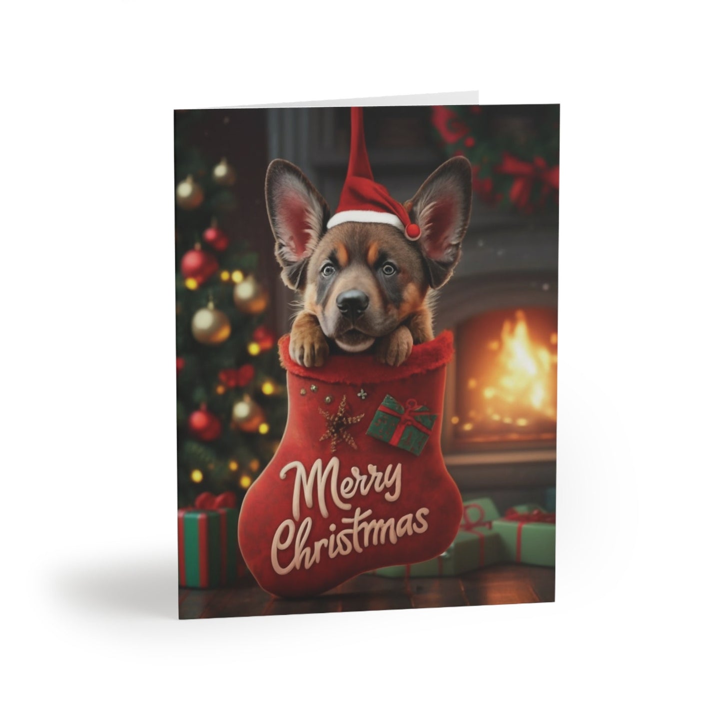 German Shepherd Cute Puppy in Stocking "Merry Christmas" | Greeting cards (8, 16, and 24 pcs)