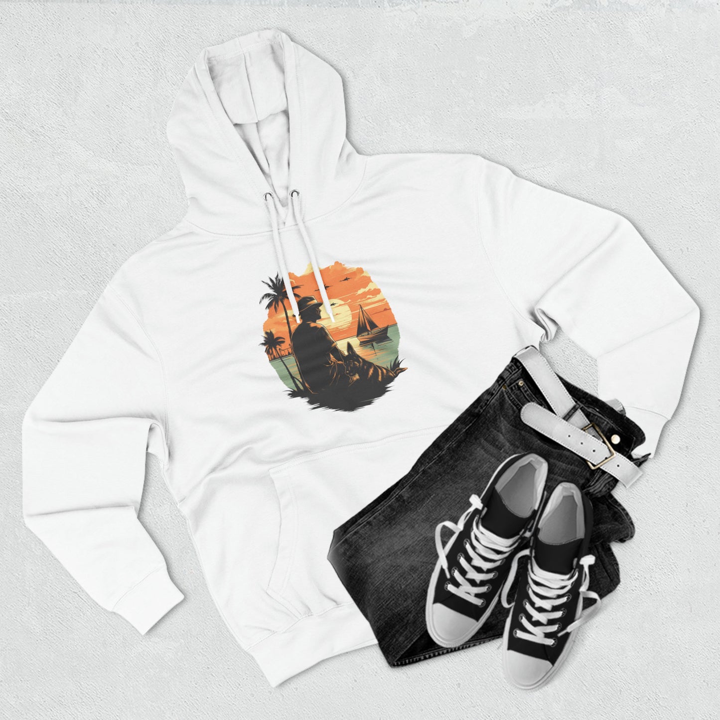 German Shepherd with Man Palm Trees Ocean Sunset Retro Vintage Hoodie | Unisex Premium Pullover Hoodie | Gifts for Dog Lovers