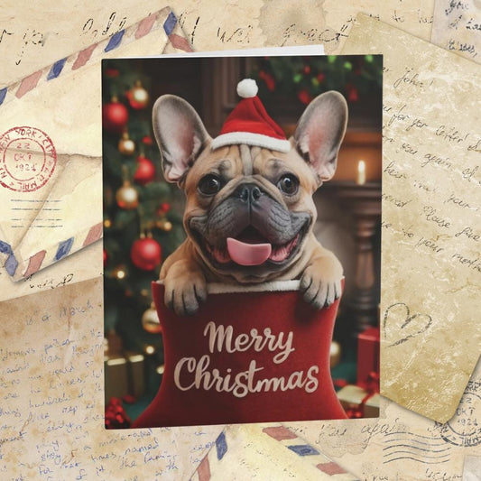 French Bulldog Cute Puppy in Stocking "Merry Christmas" | Greeting cards (8, 16, and 24 pcs)