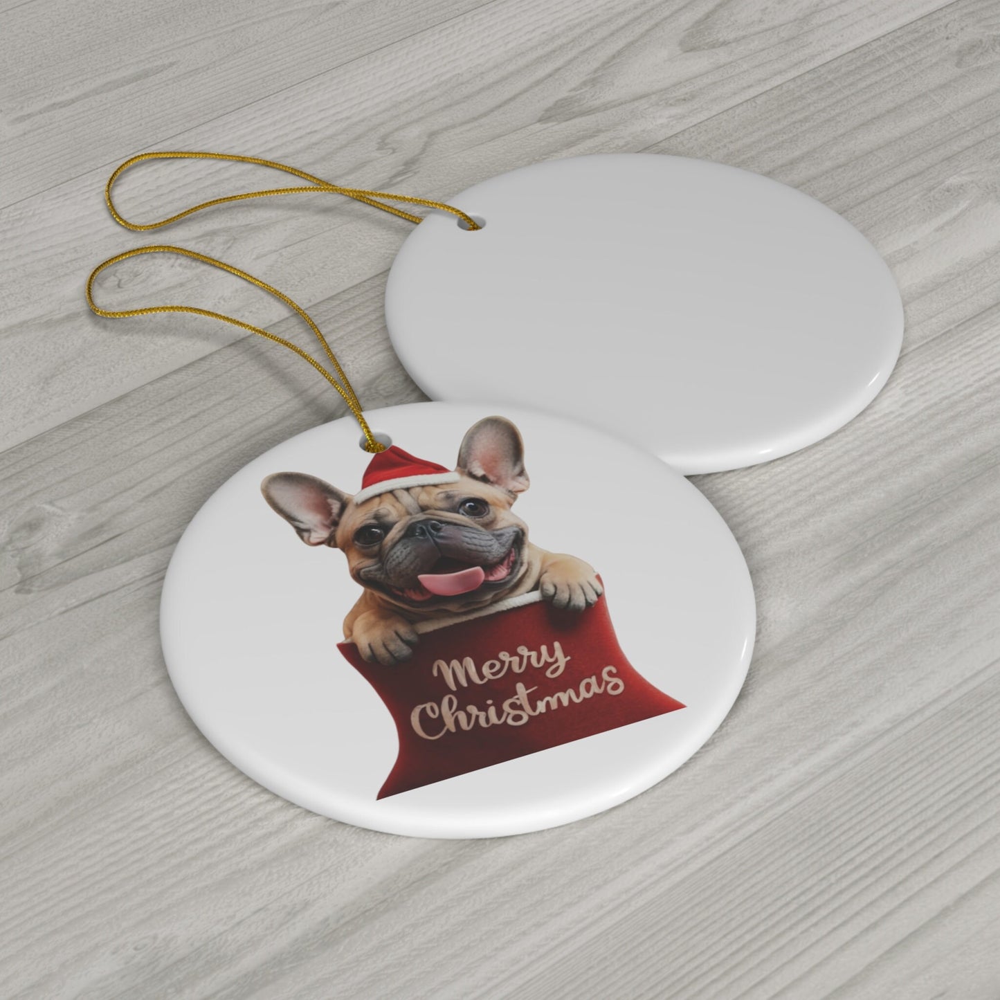 French Bulldog Puppy in Stocking with Santa Hat | Ceramic Ornament, Circle (white background)