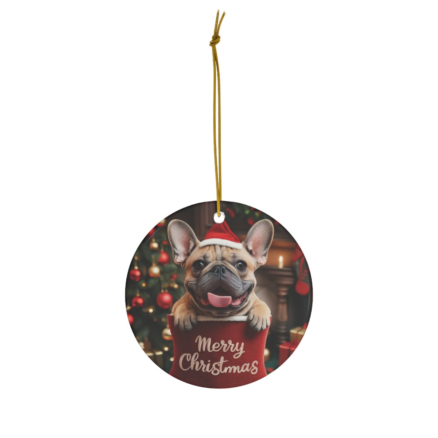 French Bulldog Puppy in Stocking with Santa Hat | Ceramic Ornament, Circle