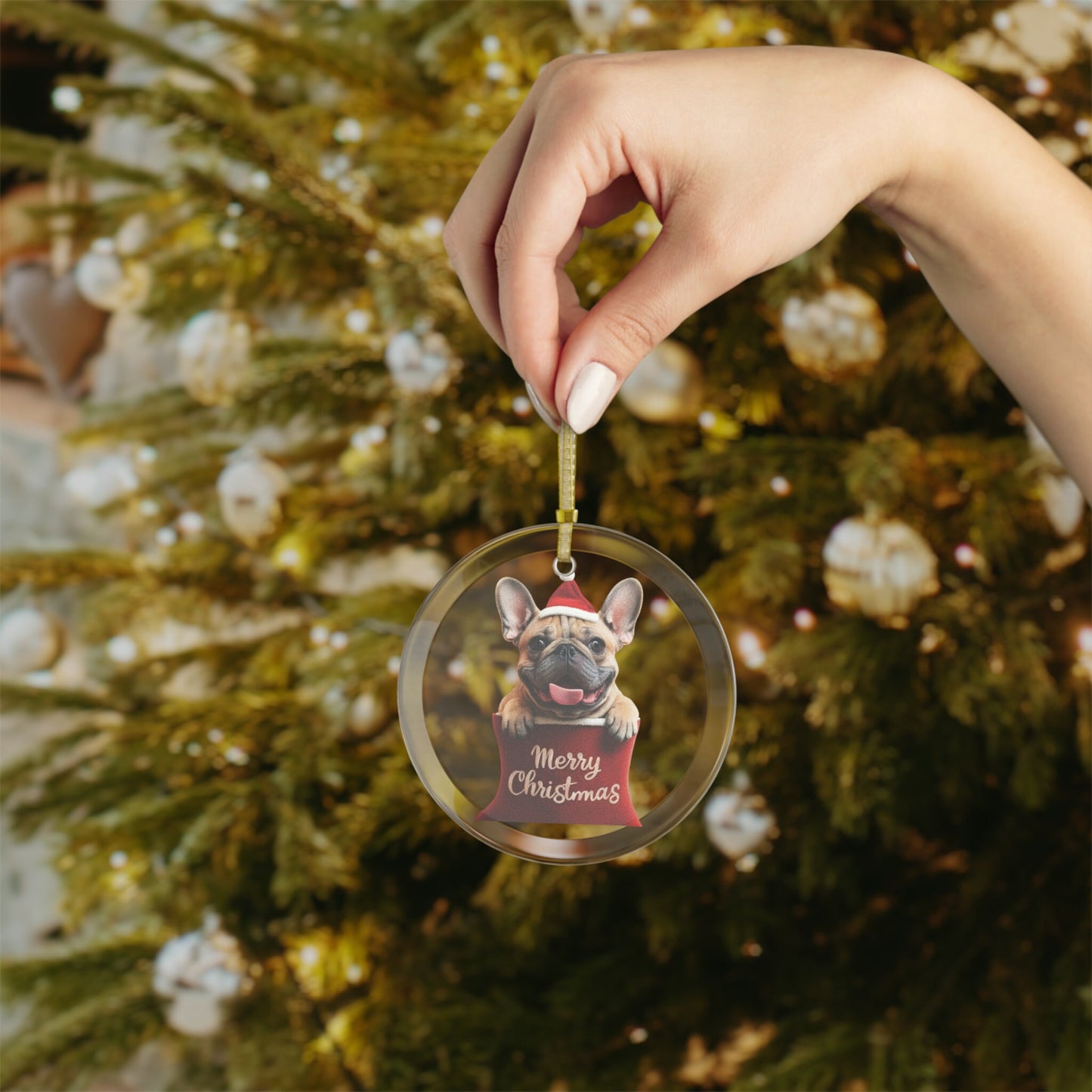 French Bulldog Cute Puppy in Stocking "Merry Christmas" | Dog Gifts for Owners | Glass Ornament