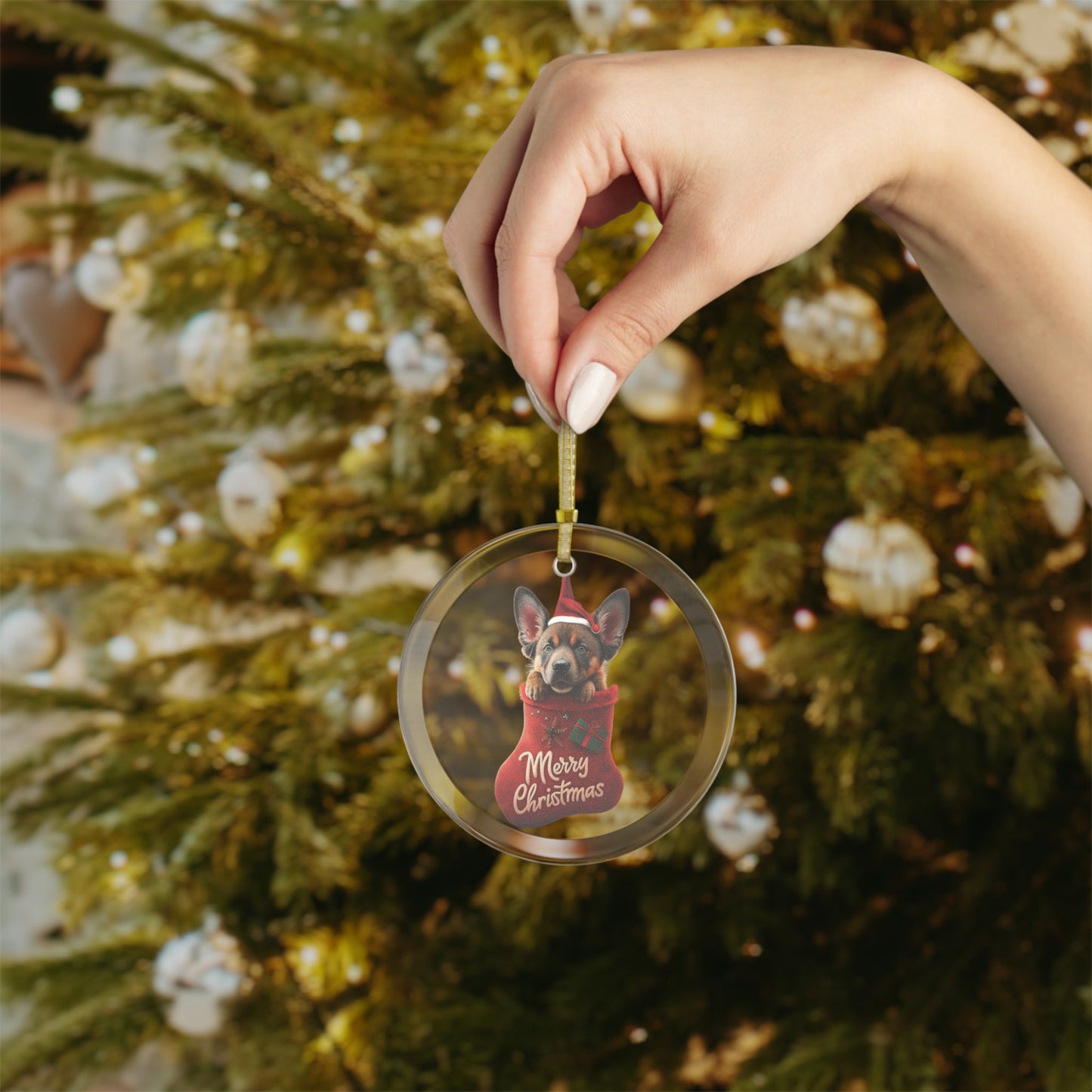 German Shepherd Cute Puppy in Stocking "Merry Christmas" | Dog Gifts for Owners | Glass Ornament