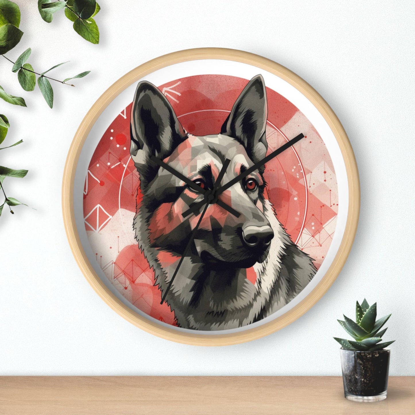 German Shepherd Red Geometric Retro Wall Clock