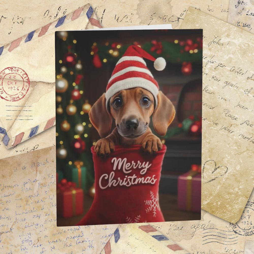 Dachshund Cute Puppy in Stocking "Merry Christmas" | Greeting cards (8, 16, and 24 pcs)