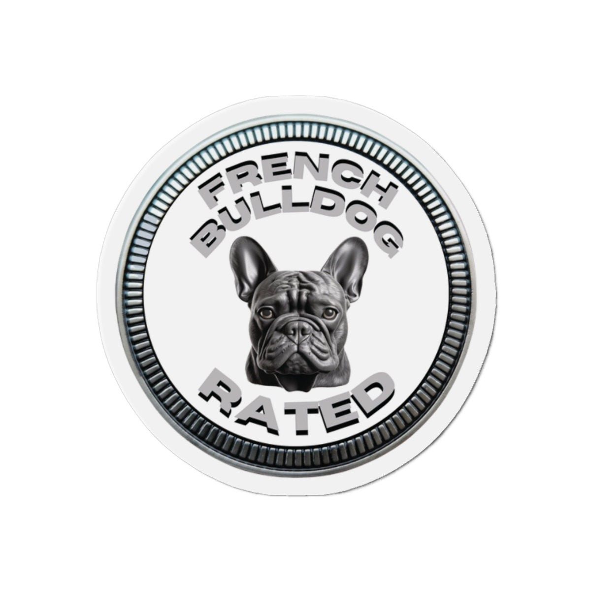 French Bulldog "RATED" | White | Metal Looking Badge | Die-Cut Magnet