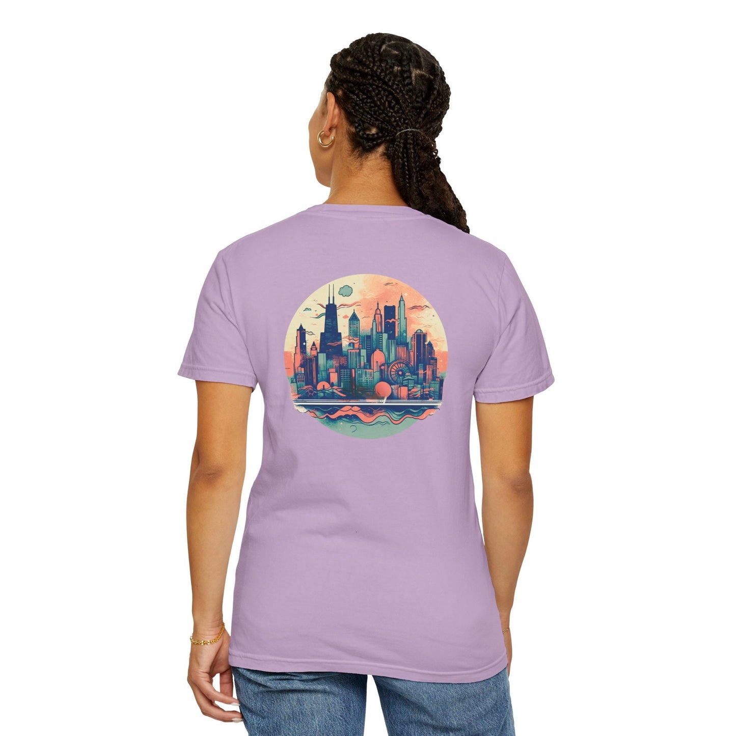 CHICAGO Funky Illustration of the Chicago Skyline on Back Grunge Chicago Logo on Front | Comfort Colors | Unisex Garment-Dyed T-shirt