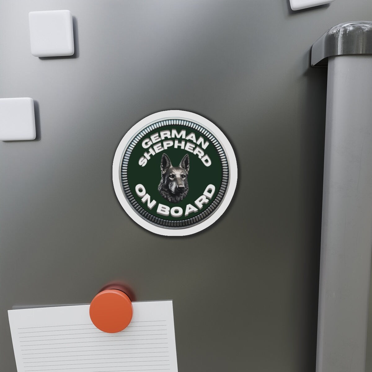 German Shepherd "ON BOARD" | Dark Green | Metal Looking Badge | Die-Cut Magnet