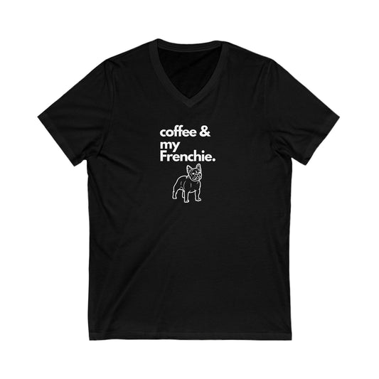 Coffee & My Frenchie Abstract Silhouette Unisex Jersey Short Sleeve V-Neck Tee